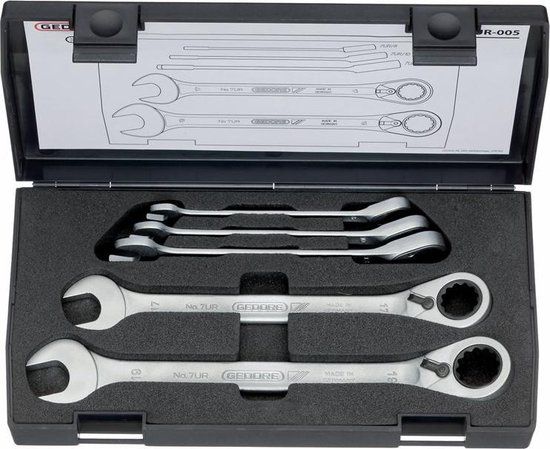 Gedore 7 UR-005 Ringratel-steeksleutelset - 5-delig - Omschakelbaar