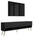 3xE living meuble TV avec panneaux avant nervurés, noir mat, pieds inclinés dorés
