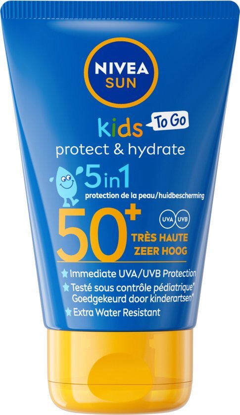 NIVEA SUN Kids Protect &amp; Hydrate To Go Pocket Size Zonnebrand Melk - SPF 50+ - Zeer waterbestendig - Mini Zonnebrandcreme - Zonbescherming - 50 ml
