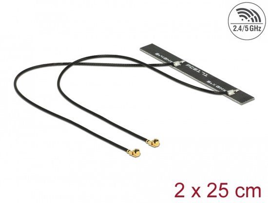 Delock Dubbele band wlan wifi 6 twin antenne 2 x i-pex Inc., mhf® i plug 5 dbi 2 x 50 cm pcb interne zelfklevende