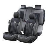 FLORICH Lederen stoelhoezen, volledige set, autostoelbeschermers, 5 stoelen, autostoelhoezen, geschikt voor de meeste auto's, vrachtwagens, SUV-grijs, zwart