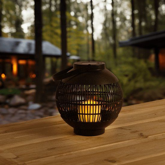 RexTech Monet Solar Outdoor Lamp - Round - Black - Solar Powered - Flame Effect - 22cm