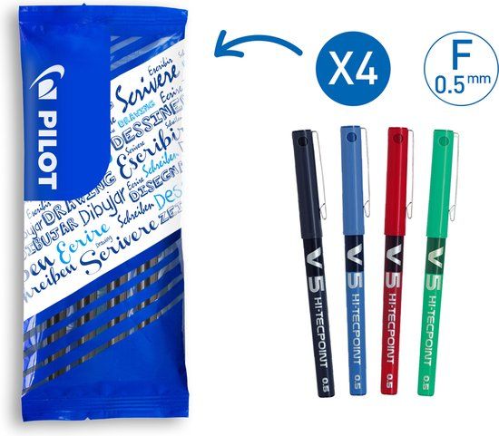Pilot V5 Vloeibare inktroller - Fijn - Zwart/Blauw/Rood/Groen - 4 stuks