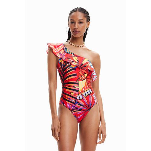 Desigual One Shoulder Swimsuit with Ruffles Red/Multi
