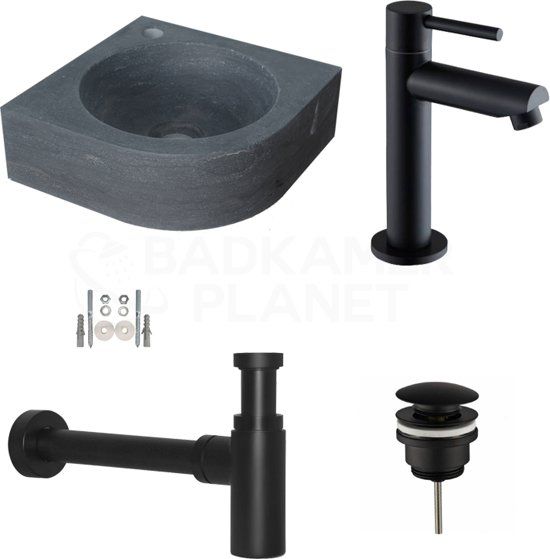 Badkamerplanet RIONE Fonteinset - Natuursteen - Mat Zwart - 30x30x10cm - Incl. Kraan, Afvoer en Sifon