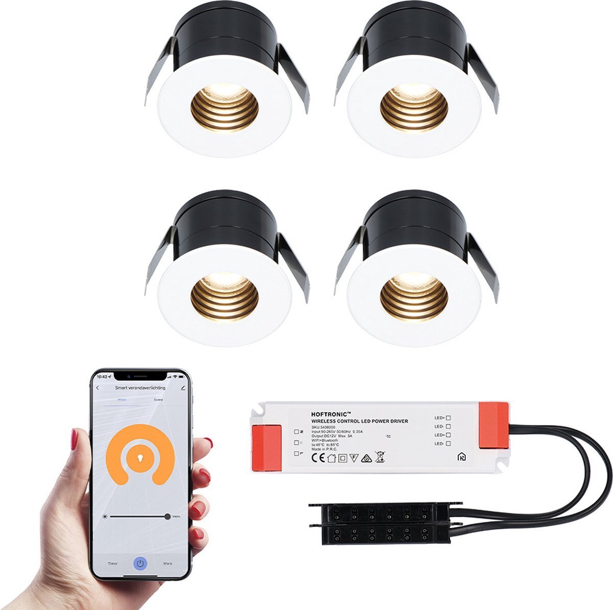 HOFTRONIC 4x Betty witte Smart LED Inbouwspots complete set - Wifi & Bluetooth - 12V - 3 Watt - 2700K warm wit