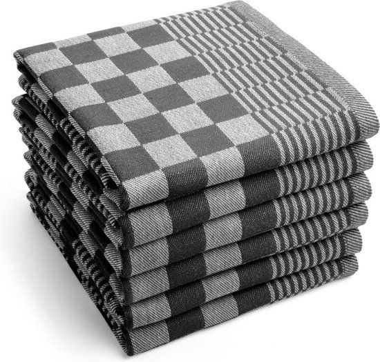 Theedoekenset Blok Zwart - 65x65 - 6 stuks - Geblokt - Katoen