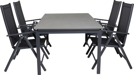 Hioshop Levels tuinmeubelset tafel 100x160/240cm en 4 stoel Break zwart, grijs.