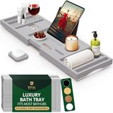 ROYAL CRAFT WOOD Luxe badkuip Caddy Tray, bad en bedlade voor 1 of 2 personen, bad tafel Caddy met uitschuifbare zijkanten, verstelbare organizer lade voor badkamer - gratis zeepbakje (grijs)