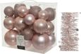 Decoris Kerstversiering - kunststof kerstballen - sterren folieslingers - lichtroze - 28x stuks