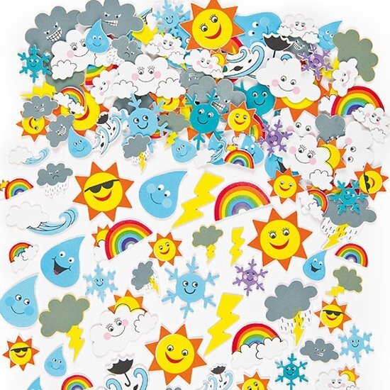 Baker Ross Foam stickers van het weer - zon regen wolk regenboog - knutselspullen voor kinderen - scrapbooking verfraaiing om te maken en versieren kaarten decoraties en knutselwerkjes 96 stuks