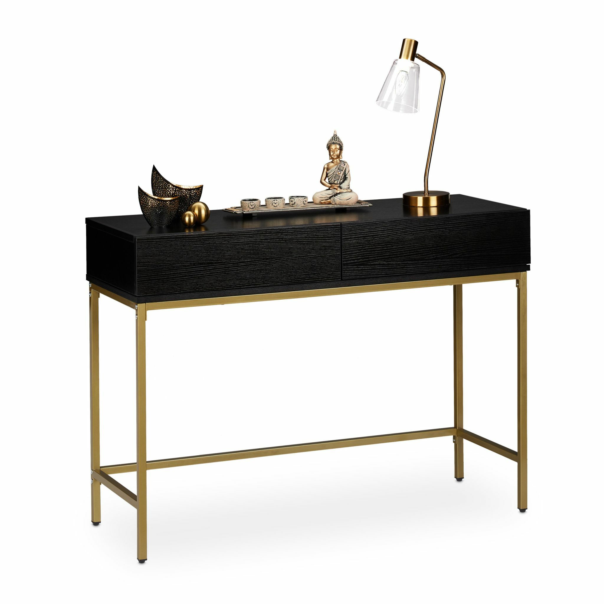 Relaxdays Sidetable - 80x110x40 cm - Goud Zwart - 2 Laden - Consolatafel