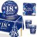 Service de table d'anniversaire, 53 pièces, bleu/argent, pour 16 personnes