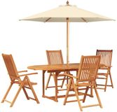 vidaXL Acacia houten buiten eethoek met parasol 6-delig crème wit en natuurlijk