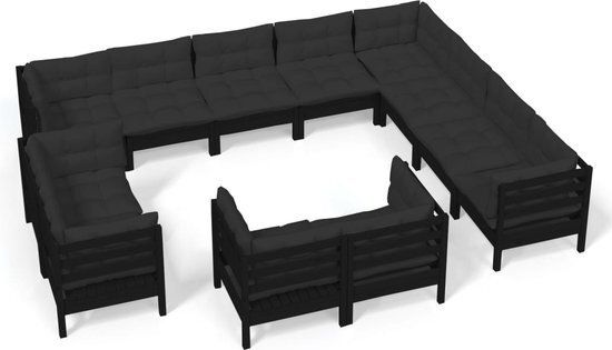 vidaXL 12-delige Loungeset met kussens massief grenenhout zwart