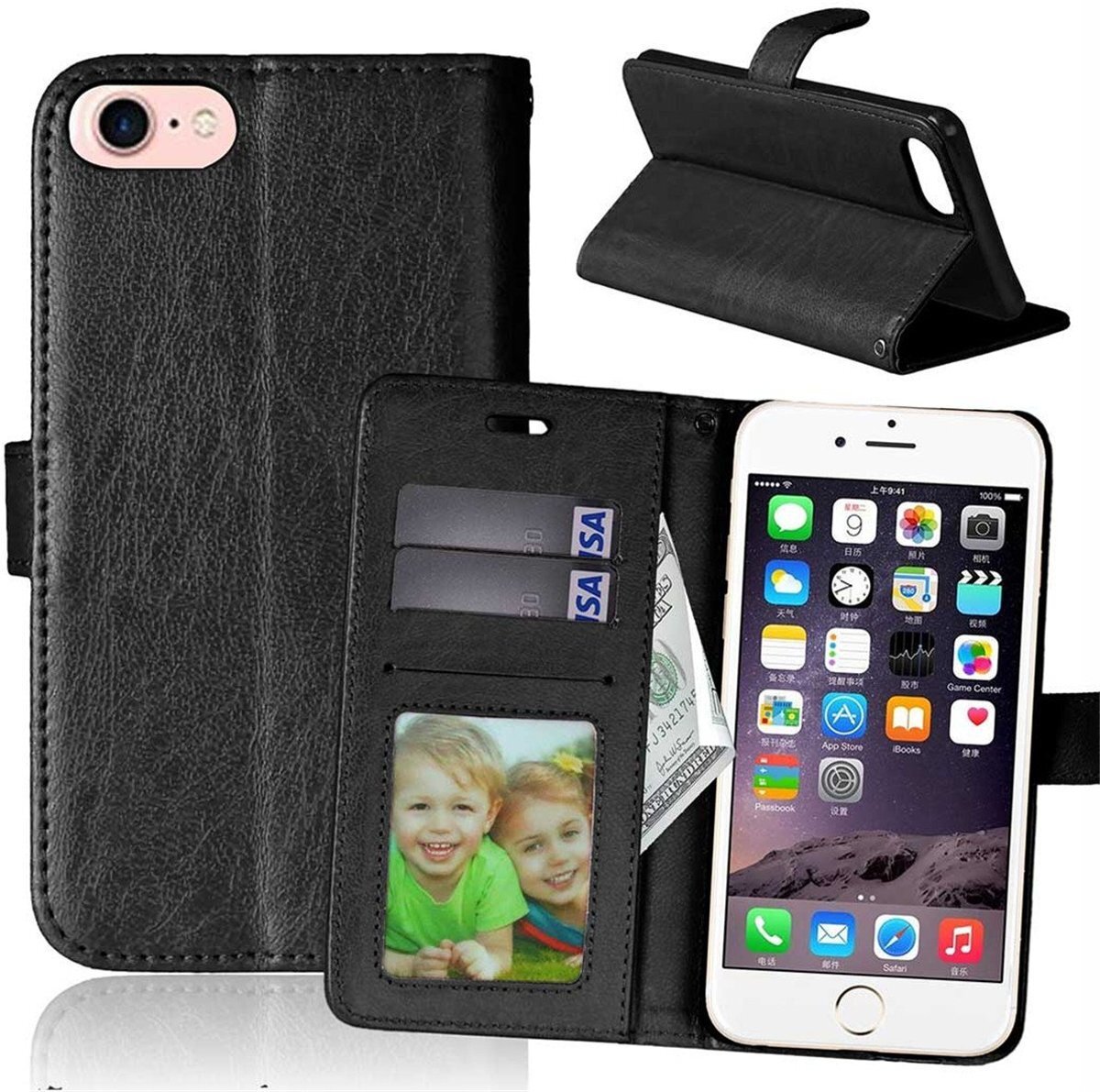 LIKESEA iPhone 7 / 8 - Lederen TPU Wallet Case Zwart - Portemonee Hoesje - Book Case - Flip Cover - Klap - 360 beschermend Telefoonhoesje