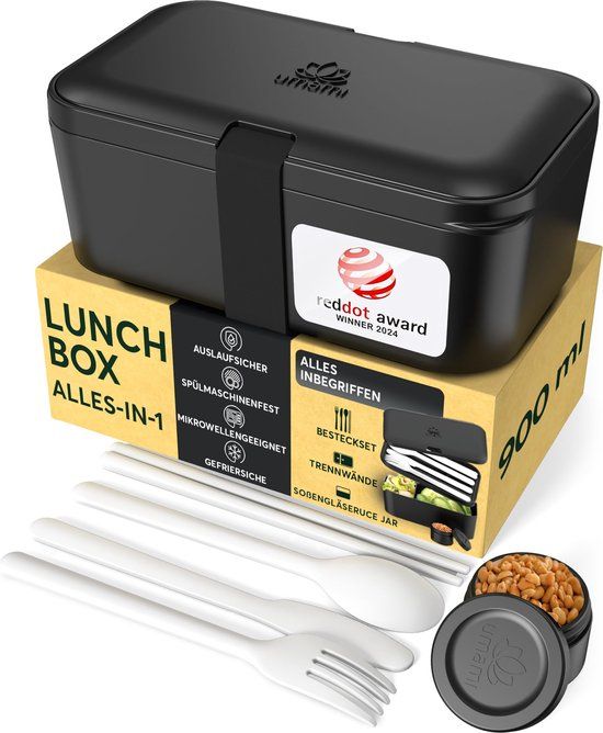 Umami All-in-1 0,9L Bento Lunchbox Volwassenen met Bestek (Bentobox Onyx Zwart)