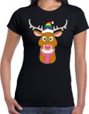 Bellatio Decorations Shoppartners Bv Foute Kerst t-shirt Gay Ruldolf met regenboog muts en roze sjaal zwart voor dames XS