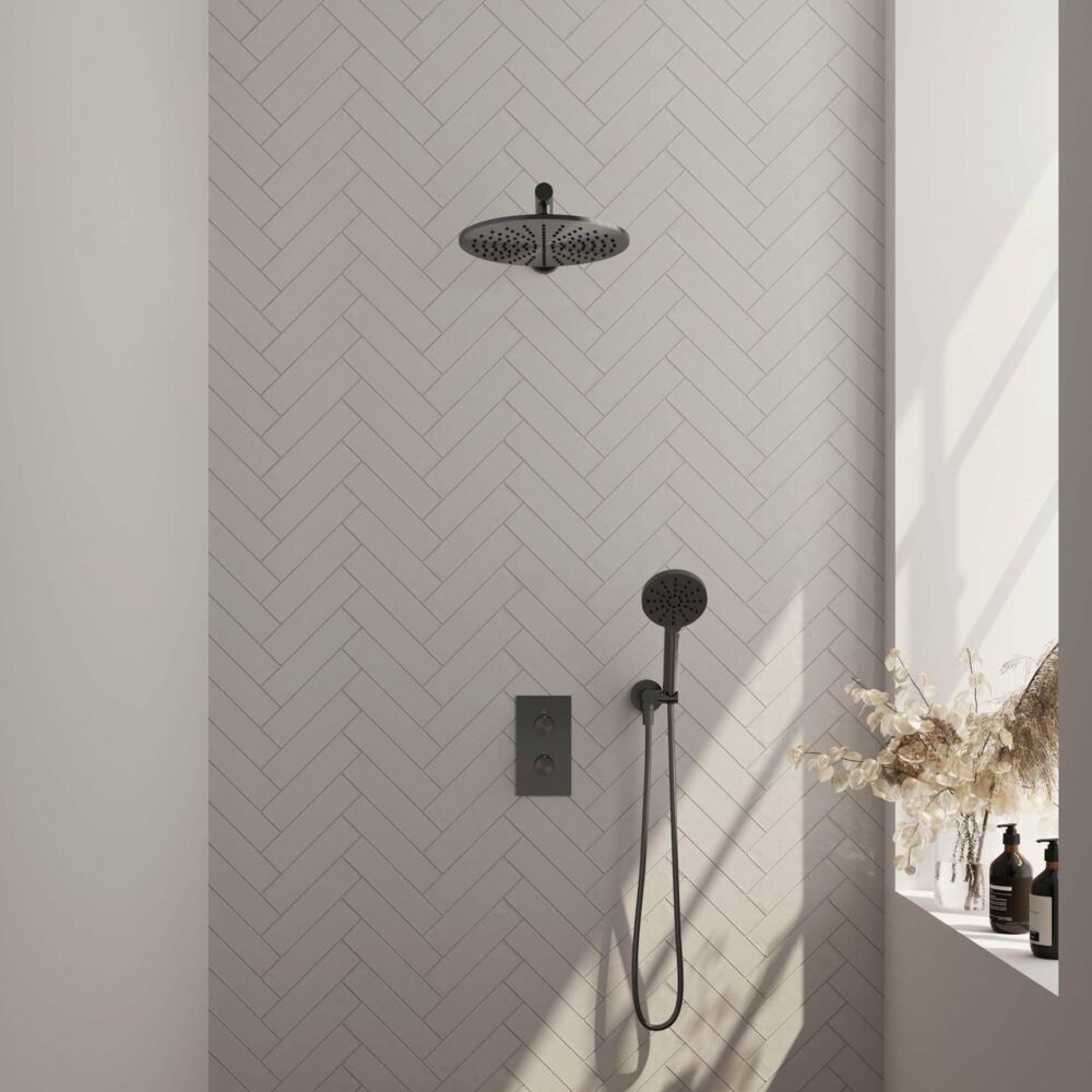 Brauer Gunmetal Carving thermostatische inbouw regendoucheset met 2-weg omstel 40cm rechte wandarm met 30cm ronde hoofddouche 3 standen ronde handdouche 150cm gladde doucheslang met aansluitbocht en handdouchehouder Gunmetal geborsteld PVD 5-GM-128