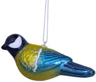 Vondels glazen kerstbal - vogel koolmees 4.5cm geel, blauw 1 stuks