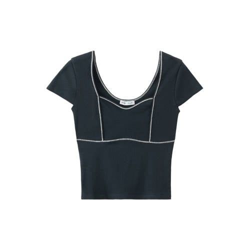 MANGO TEEN cropped top donkerblauw rib gebreid