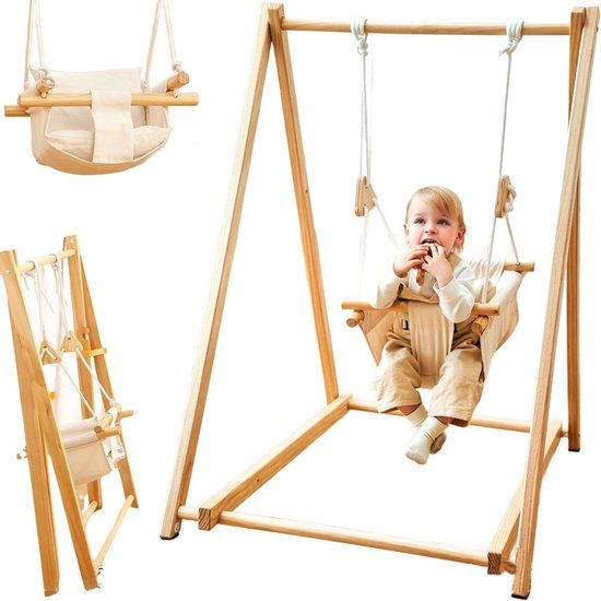 Tiny Thinkers Houten Babyschommel - Met Schommelstoel - Inklapbaar - Bruin/Wit