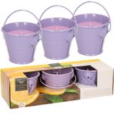 Decoris Set van 6x stuks anti muggen Citronella kaarsjes in paars zinken potje