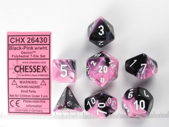 Chessex dobbelstenen set 7 polydice Gemini black-pink w/white