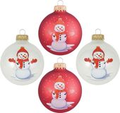Krebs Gedecoreerde kerstballen - 4x st - rood/wit - D7 cm - glas - sneeuwpop