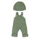 Miniland Dolls: gebreide outfit, van gerecyclede materialen, voor babypop 38 cm, model: tuinbroek en muts in groen.