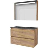 Basic-Line Premium 46 Ensemble de meubles de salle de bain - 100 x 46 cm - Sans poignée - 2 tiroirs - Lavabo en pierre naturelle - 1 trou de robinet - Armoire à miroir avec éclairage LED