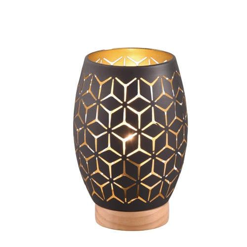 Reality Leuchten Bidar R51571080 Tafellamp, metaal, mat zwart, natuurlijk hout, excl. 1x E27