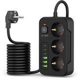 Tech-Protect - Stekkerdoos met 3 USB C en 3 USB A - Aan/Uit Schakelaar - 3 Stopcontacten - Zwart