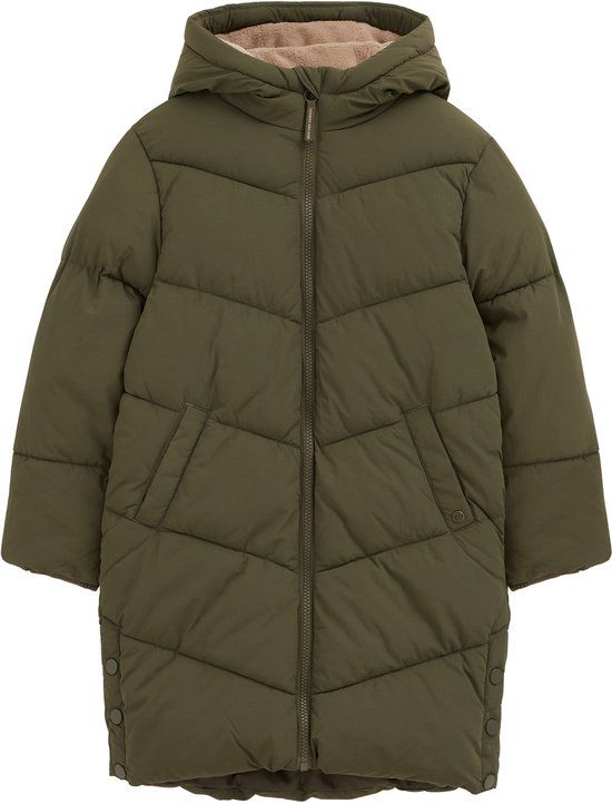 WE Fashion Meisjes lange pufferjas Army green