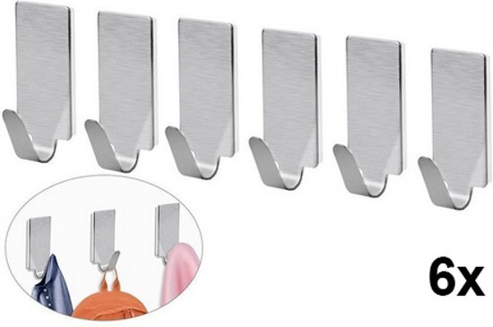 HaverCo RVS haken 6x met plakstrip voor handdoek hanger haak 3.4x1.5cm Roestvaststaal