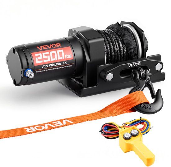 VEVOR Elektrische Lier 1134 Kg, 12 V Dc-Motorlier Met 4,8 Mm X 12 M Synthetisch Touw en Bedrade Afstandsbediening, Ip55, Aluminium Behuizing, Elektrische Lier voor Het Slepen van Atv'S, Zwart