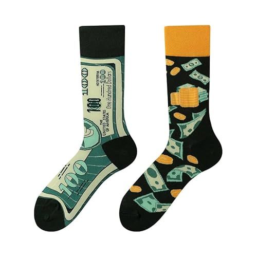 NxnChc Grappige sokken voor dames en heren, uniseks, meerdere patronen, dieren, eten, sport, kunst, katoen, cadeau, asymmetrisch design, links-rechts, Goud en Amerikaanse dollars
