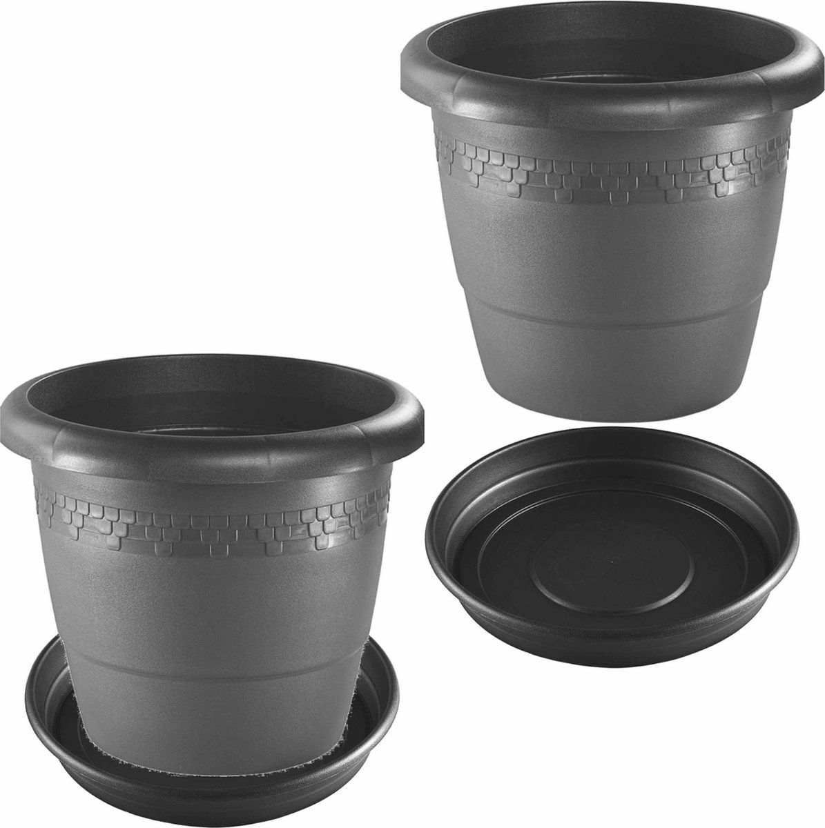 Forte Plastics Bloempotten - 4 stuks - Antraciet Grijs - Ø 30 cm - Rond - Met Opvangschaal