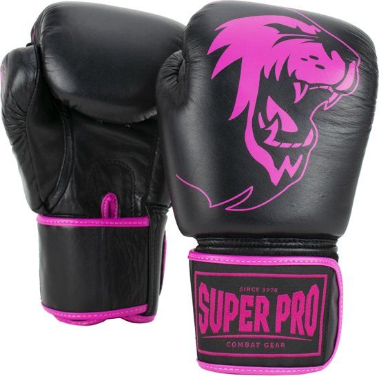 Super Pro Combat Gear Warrior Lederen Kickbokshandschoenen - Zwart/Roze - 8 oz