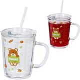 Merkloos Relaxdays drinkglazen met rietje - set van 2 - 400 ml - beren design - kinderglazen - met handvat