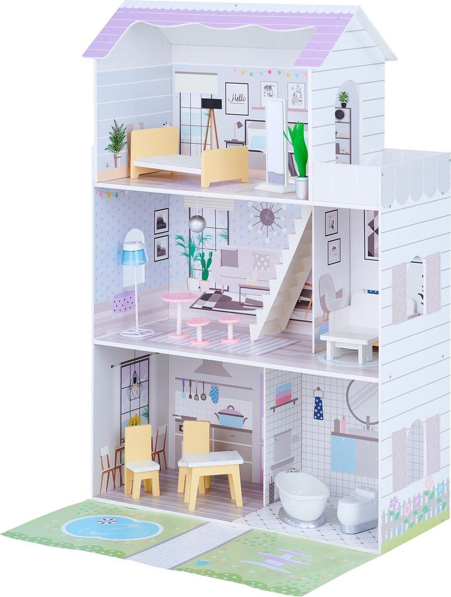 Teamson Kids Groot 3 Niveau Houten Poppenhuis - Wit/Purper