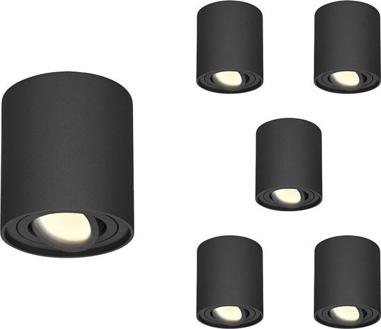HOFTRONIC Set van 6 Ray LED opbouwspots - Rond - Dimbaar - 4 Watt 345 lumen - 2700K warm wit - Kantelbaar - GU10 - Plafondspot - IP20 Voor binnen - Zwart
