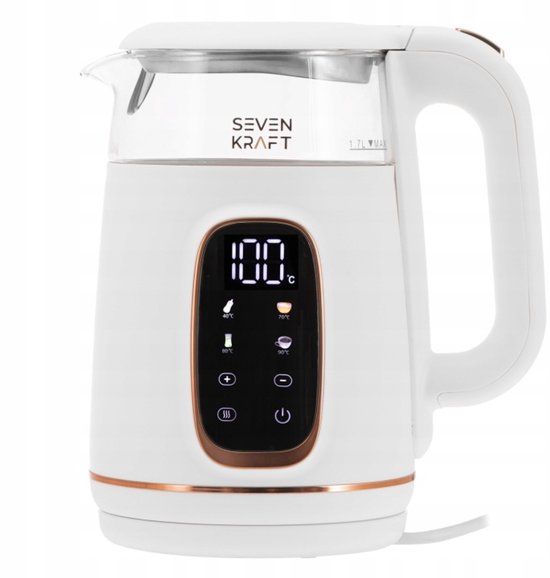 Adler SEVENKRAFT Design Waterkoker wit 1,7L - Instelbare Temperatuur (40-100°C) - Glas - 2200W