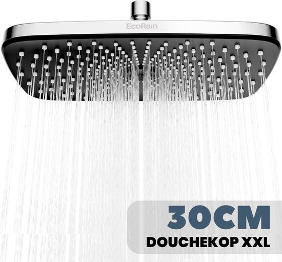 EcoRain Melvin XL 30 CM Chrome Rain Shower Head - Water Saving - Rectangular