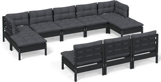 vidaXL 10-delige Loungeset met kussens grenenhout zwart