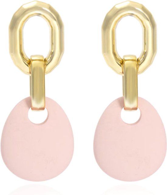 LGT JWLS Lookinggoodtoday Oorbellen Hanger met Roze steen en Goudkleurige Metaallegering