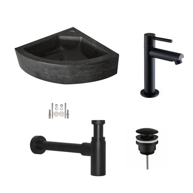 Badkamerplanet Fonteinset Hardstenen Corner Mat Zwart 30x30x10 cm