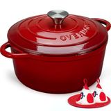 Overmont Braadpan van emaille gietijzer, stoofpan, 24 cm, geschikt voor de oven, met deksel en kookboek, voor keuken, bakken, smoren, braden, rood