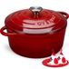 Overmont Braadpan van emaille gietijzer, stoofpan, 24 cm, geschikt voor de oven, met deksel en kookboek, voor keuken, bakken, smoren, braden, rood