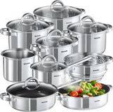 Tectake® Set de casseroles 15 pièces - Inox - Convient pour induction, gaz et électrique - Lavable au lave-vaisselle